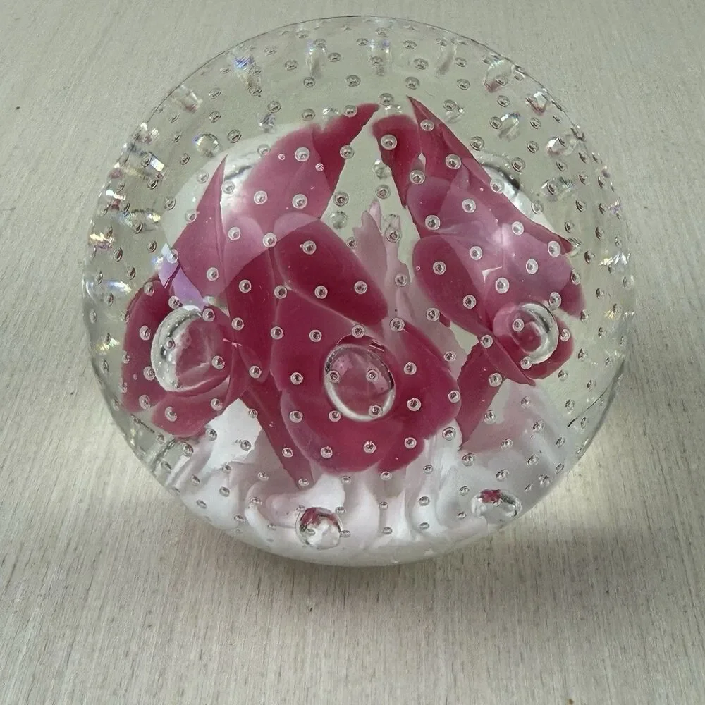 Vintage Joe St Claire Pink Trumpet Flowers Controlled Bubble Paper Weight 3”